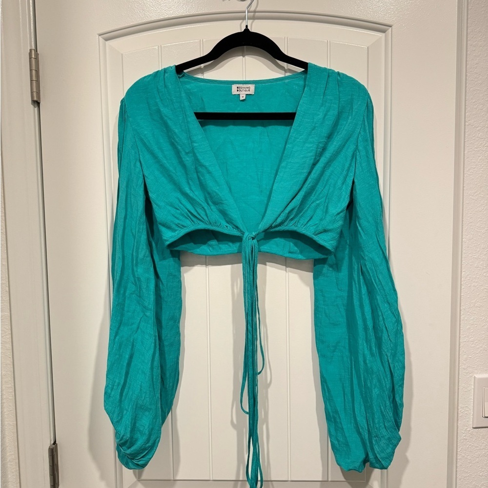 Beginning Boutique Teal Blue Wrap Balloon Sleeve Crop Tie Top Size 10